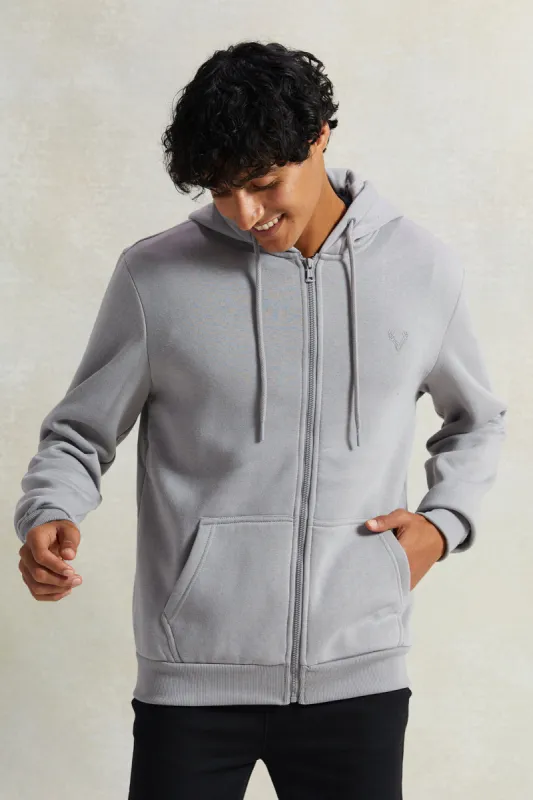 Men Grey Zip Through Logo Hooded Sweatshirt sold by Redtag