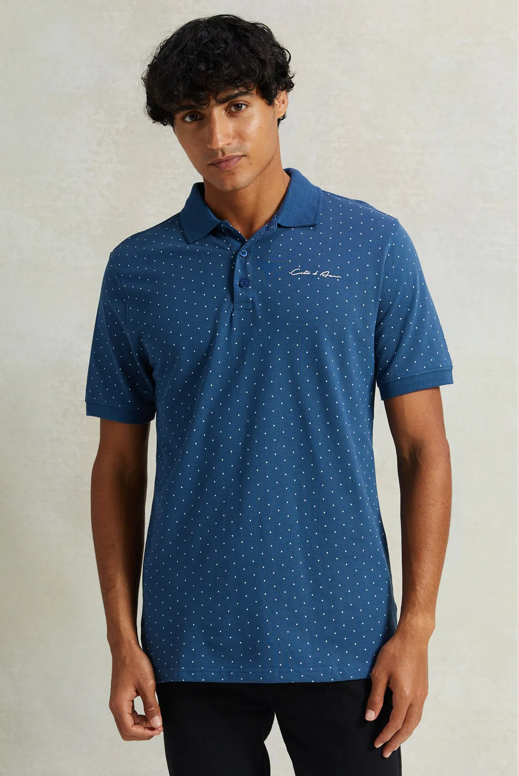 Men Blue Printed Polo Shirt sold by Redtag