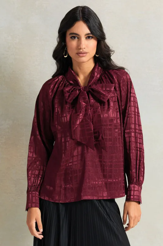 Women Burgundy Pussy Bow Jacquard Blouse sold by Redtag