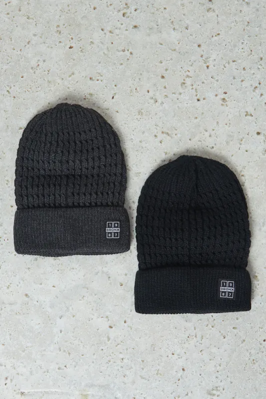 Men Black And  Charcoal Knitted Cap Set Of (2Piece) sold by Redtag