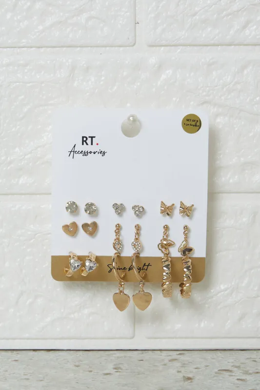 Women Gold Embellished Earring Set (9 Pairs) sold by Redtag