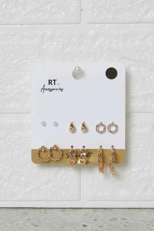 Women Gold Embellished Earring Set (6 Pairs) sold by Redtag
