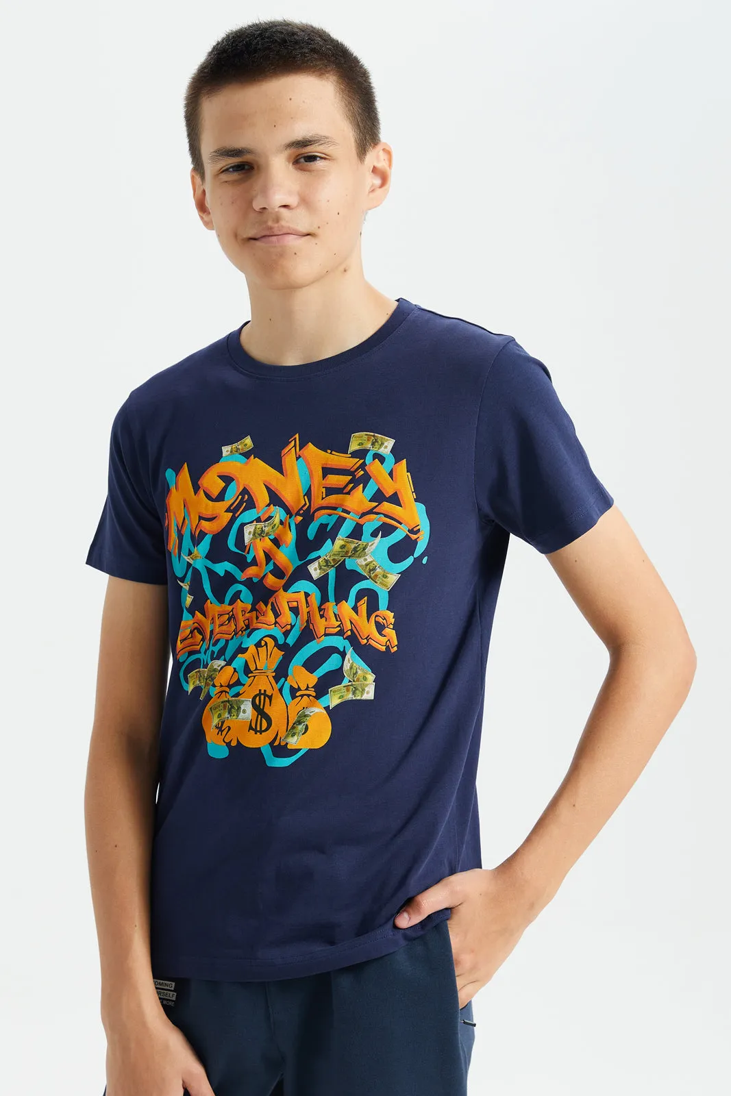 Senior Boys Navy Money Is Everything Printed T-Shirt sold by Redtag