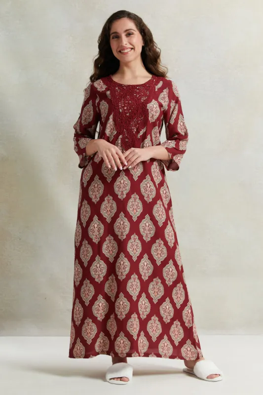 Women Red And Beige Printed Nightgown sold by Redtag