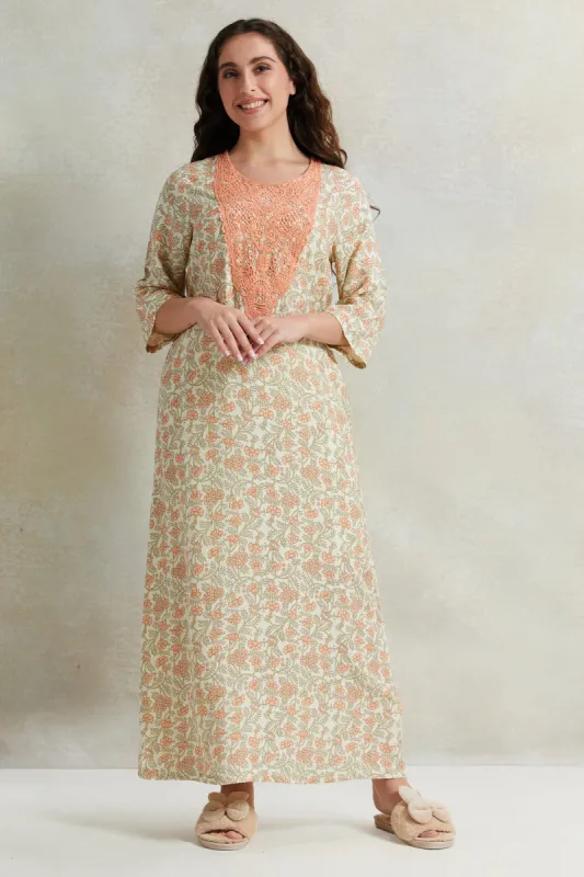 Women Beige Printed Short Sleeves Nightgown sold by Redtag
