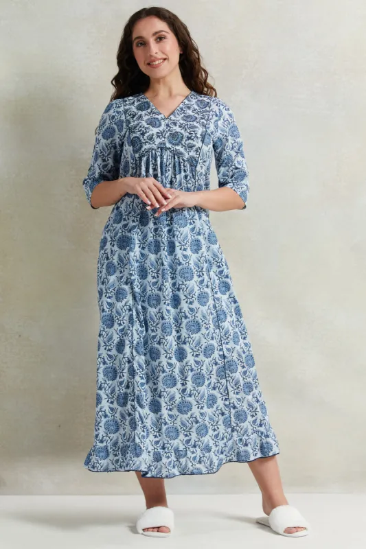 Women Blue Front Border Print Nightgown sold by Redtag