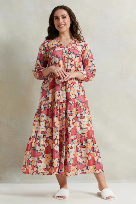 Women Pink Tier Embroidery Nightgown sold by Redtag