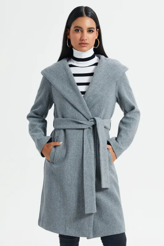 Women Grey Hooded Long Length Belted Jacket sold by Redtag