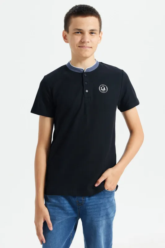 Senior Boys Black Mandarin Collar Polo Shirt sold by Redtag