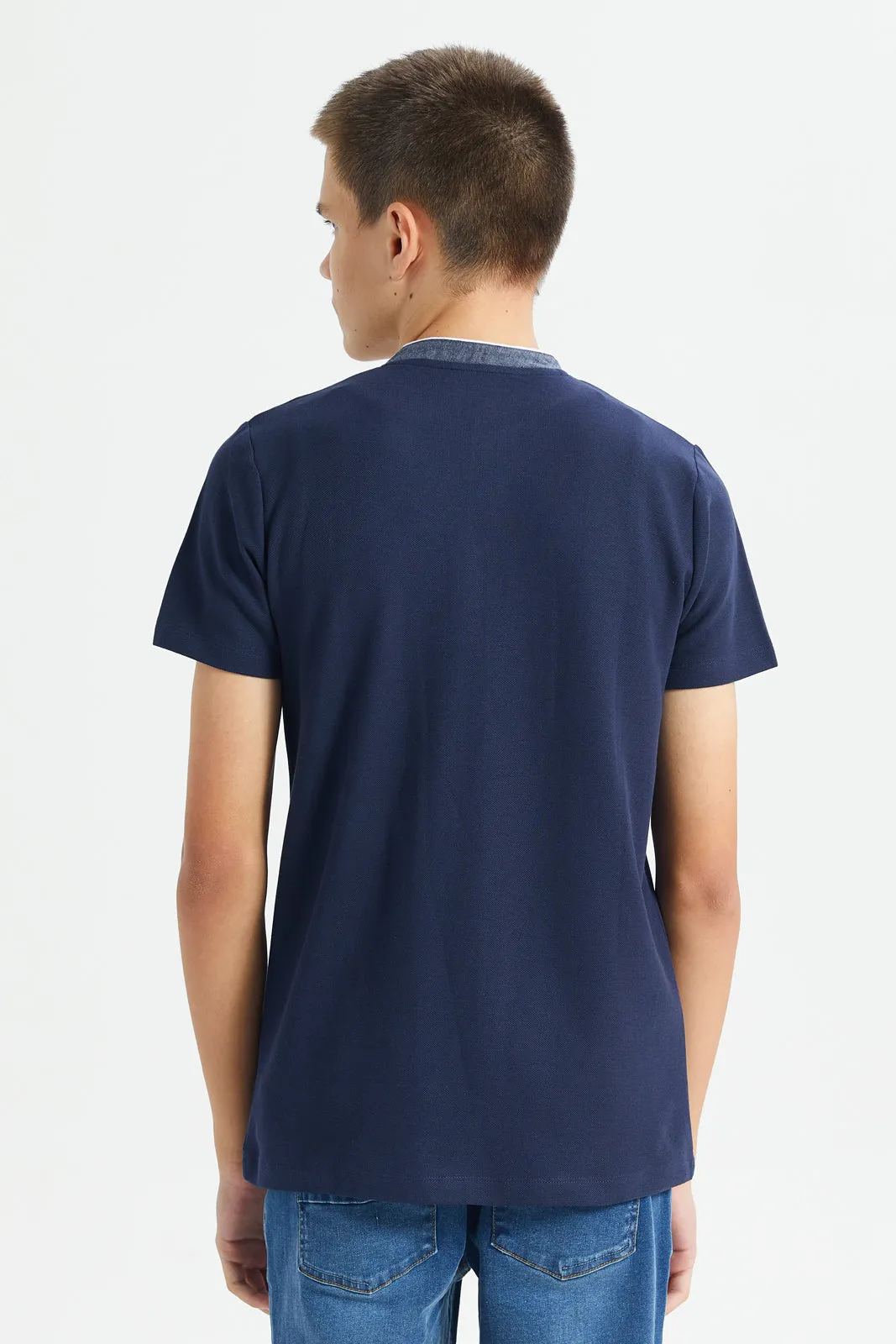 Senior Boys Navy Mandarin Collar Polo Shirt sold by Redtag product image thumbnail 3