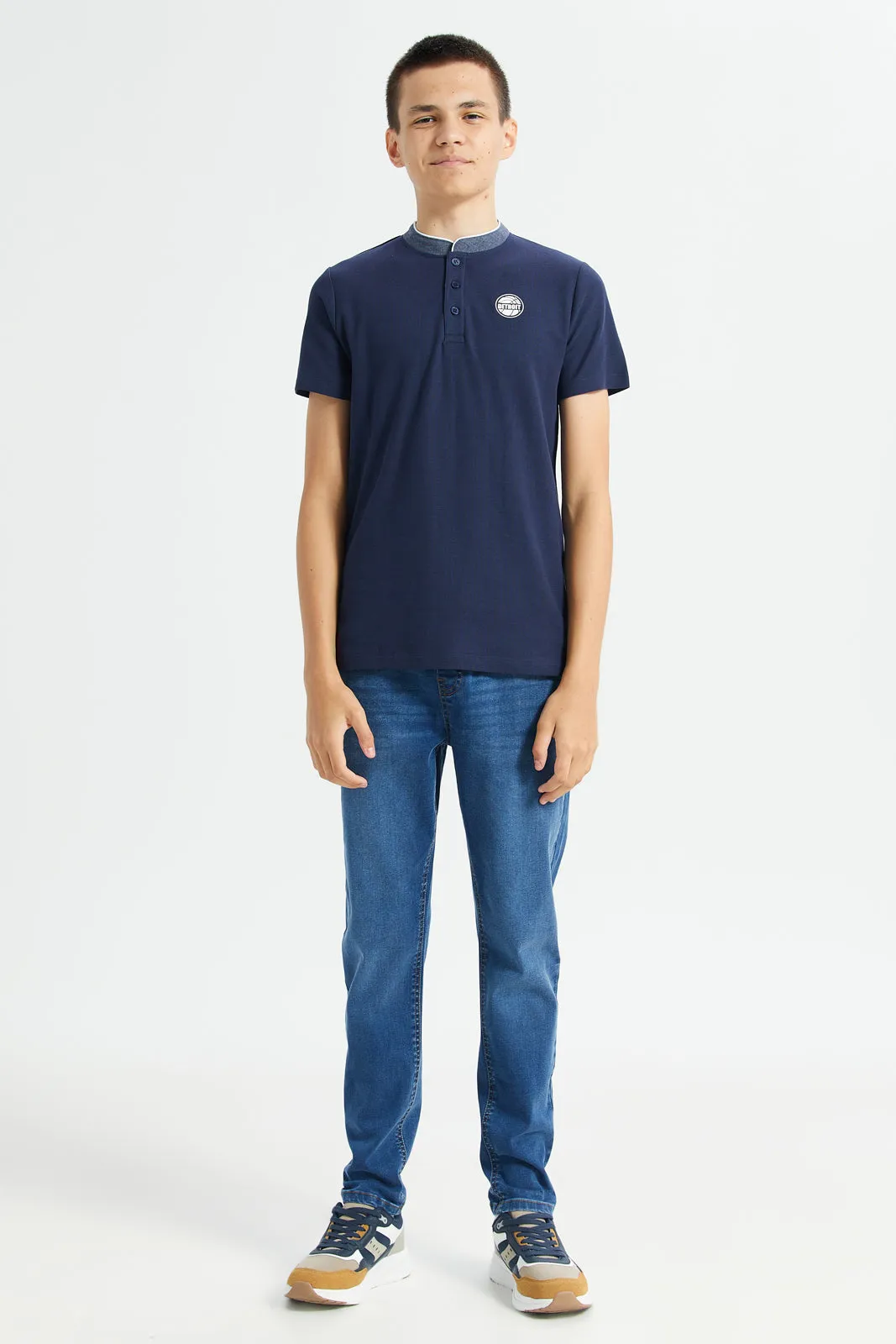 Senior Boys Navy Mandarin Collar Polo Shirt sold by Redtag product image thumbnail 2