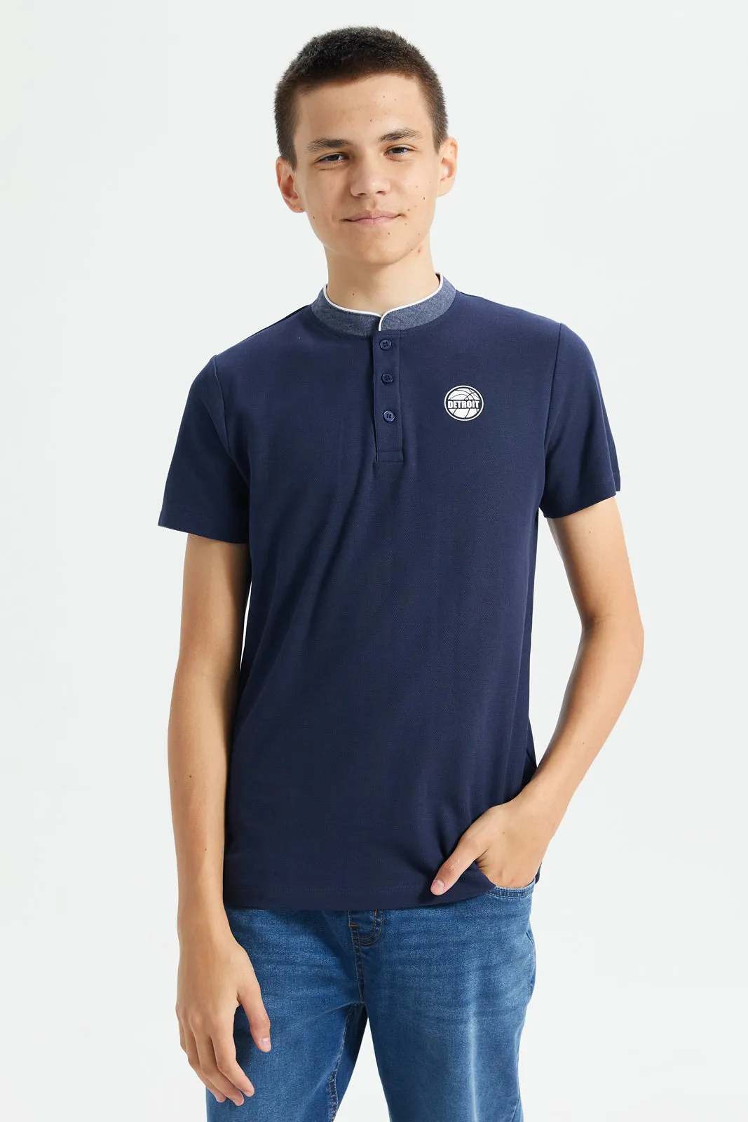 Senior Boys Navy Mandarin Collar Polo Shirt sold by Redtag