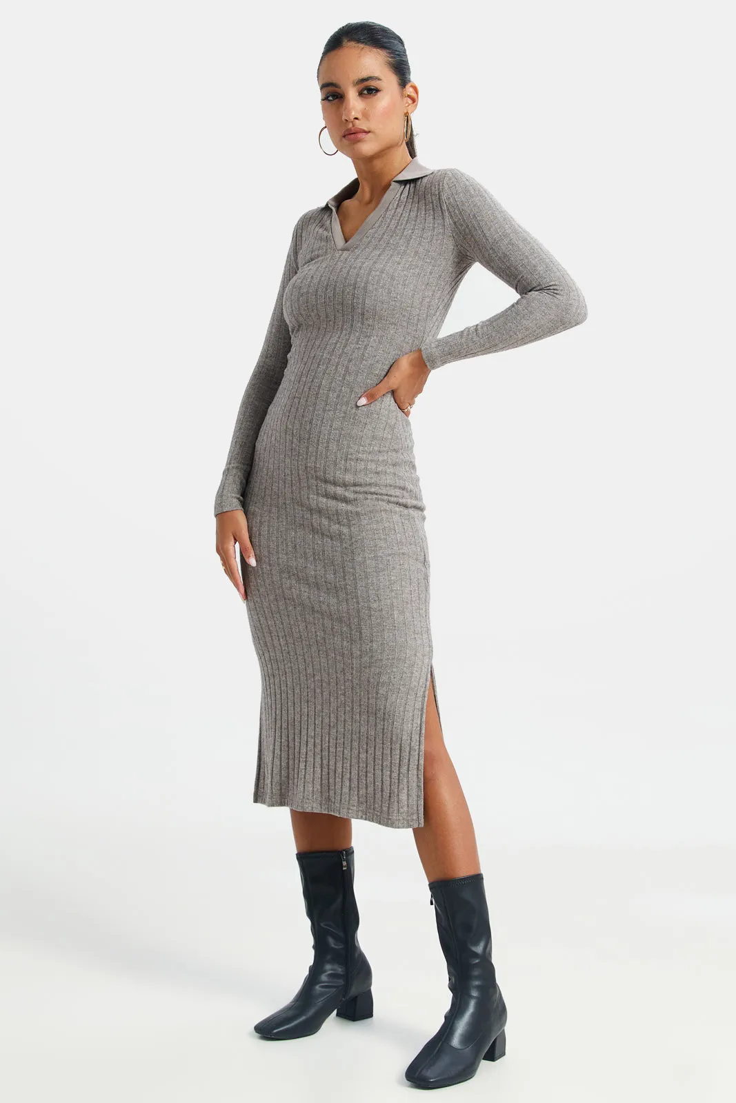 Women Grey Collared Rib Dress sold by Redtag product image thumbnail 4