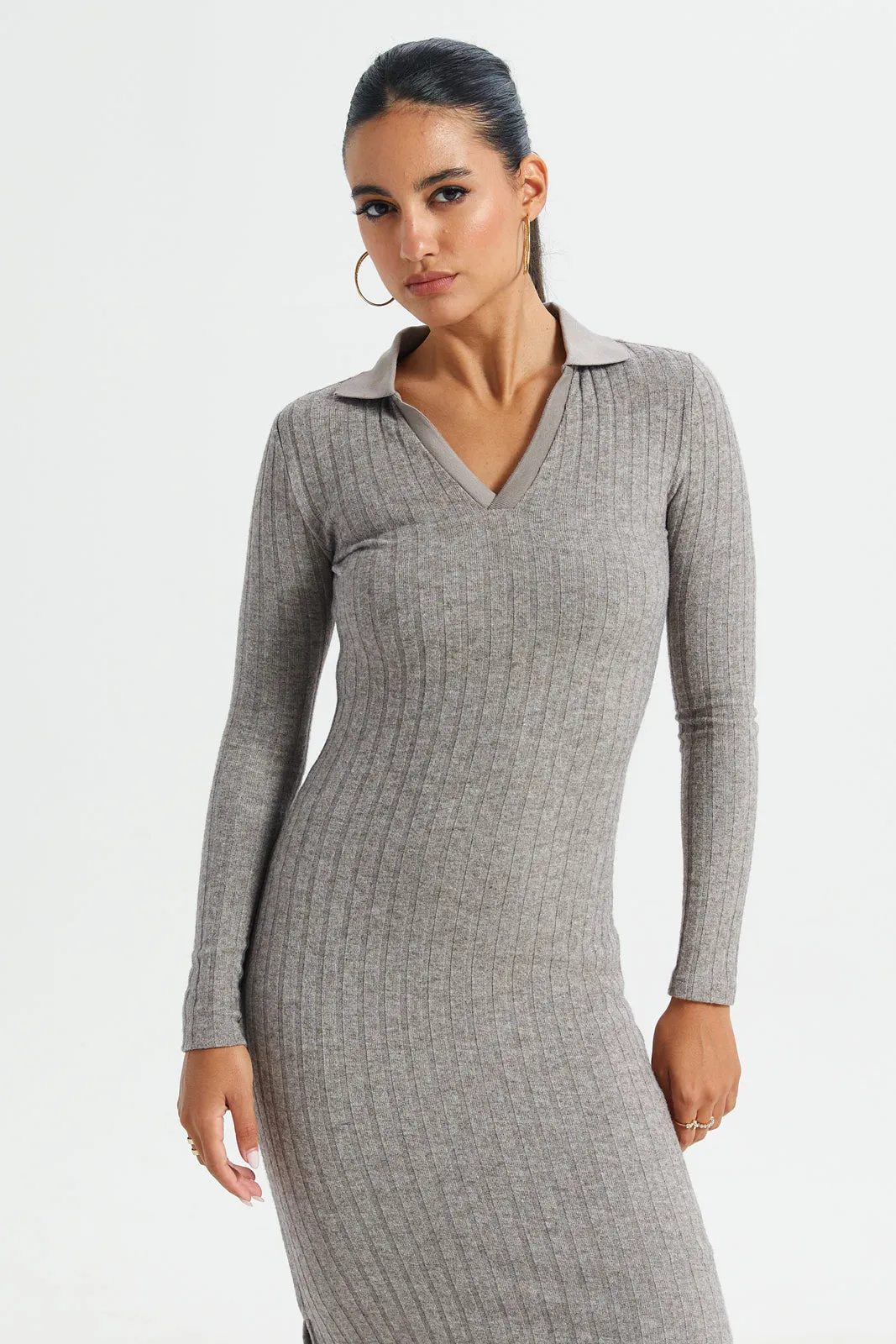 Women Grey Collared Rib Dress sold by Redtag product image thumbnail 2