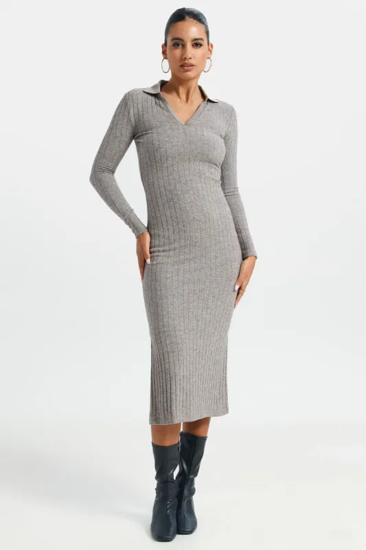 Women Grey Collared Rib Dress sold by Redtag