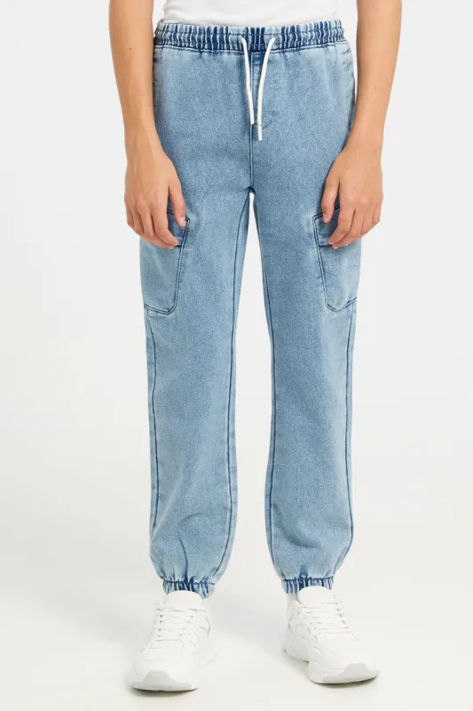 Senior Boys Blue Cargo Knit Denim Jeans With Cuff sold by Redtag