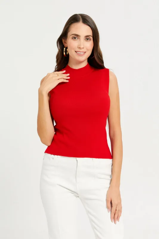 Women Red High Neck Sleeveless Pullover sold by Redtag