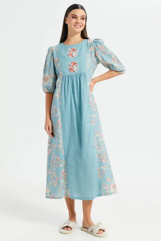 Women Blue Front Embroidery Print Nightgown sold by Redtag