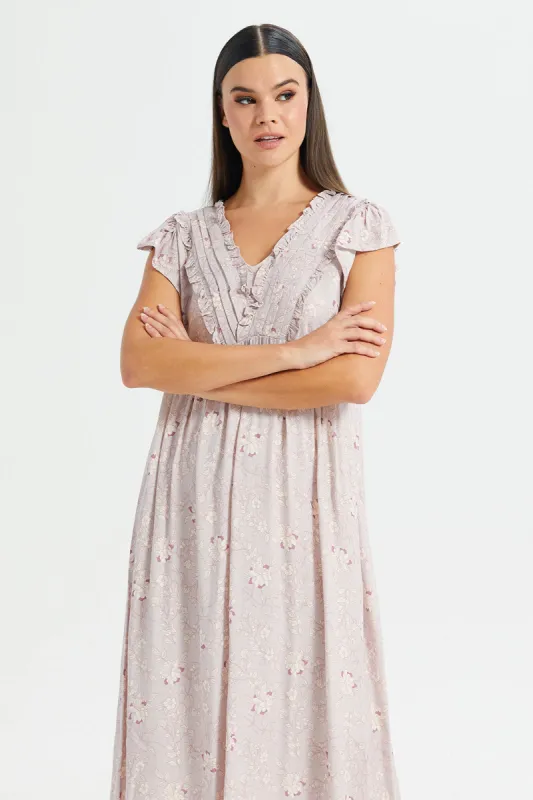 Women Pink Floral Print Cap Sleeves Nightgown sold by Redtag
