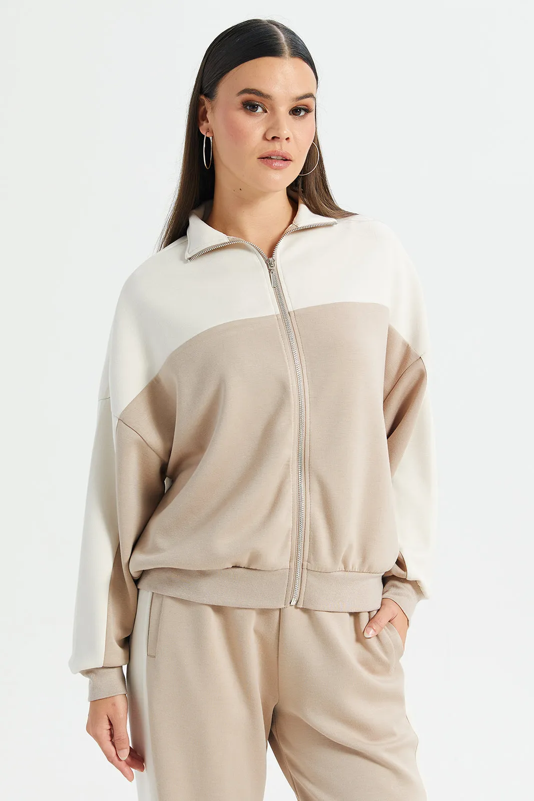 Women Brown Panel Detailed High Neck Zip Through Jacket sold by Redtag