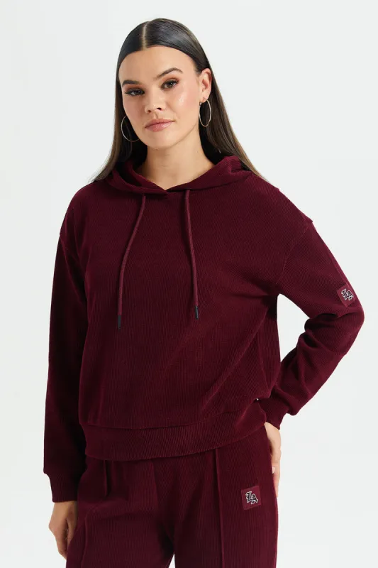 Women Burgundy Plain Hooded Sweatshirt sold by Redtag