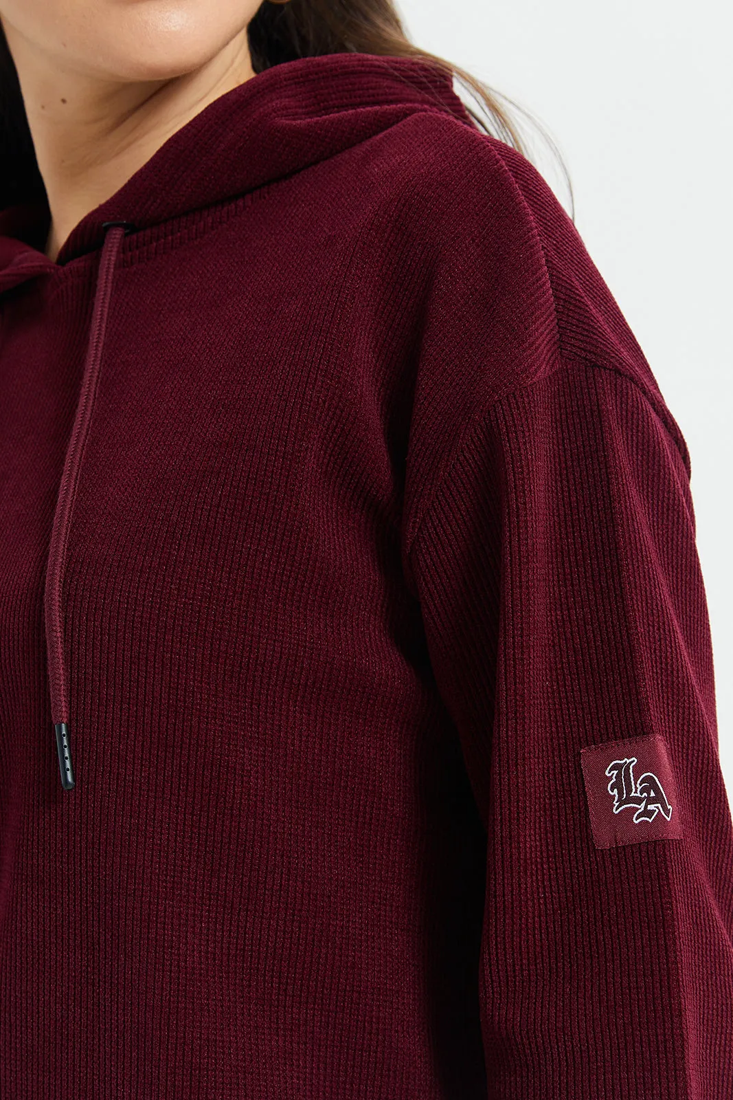 Women Burgundy Plain Hooded Sweatshirt sold by Redtag product image thumbnail 5