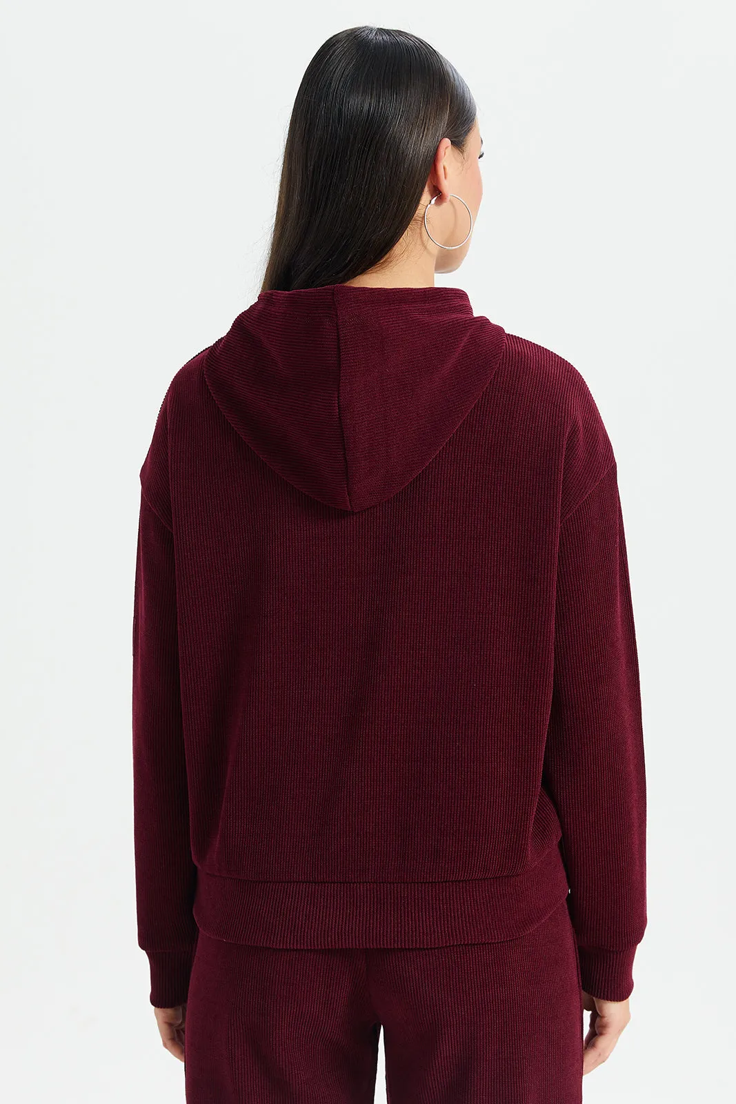 Women Burgundy Plain Hooded Sweatshirt sold by Redtag product image thumbnail 3