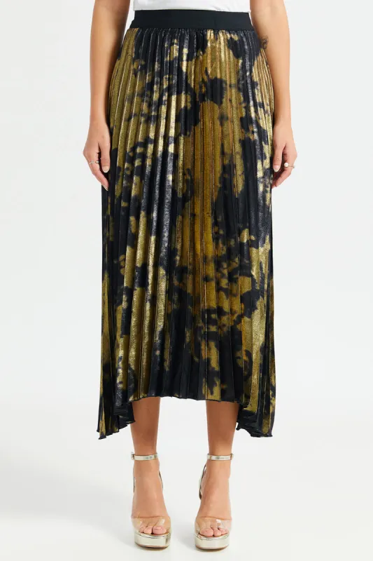Women Black And Gold Pleated Skirt sold by Redtag
