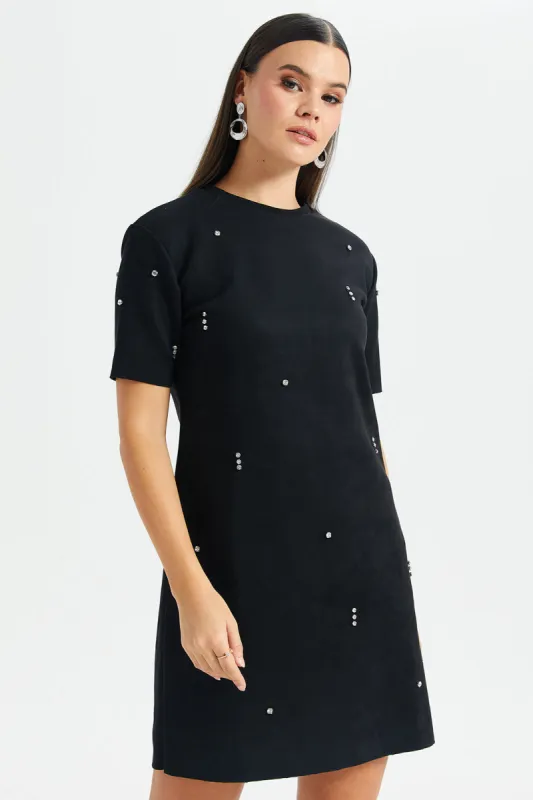 Women Black Rhinestone Swede Dress sold by Redtag