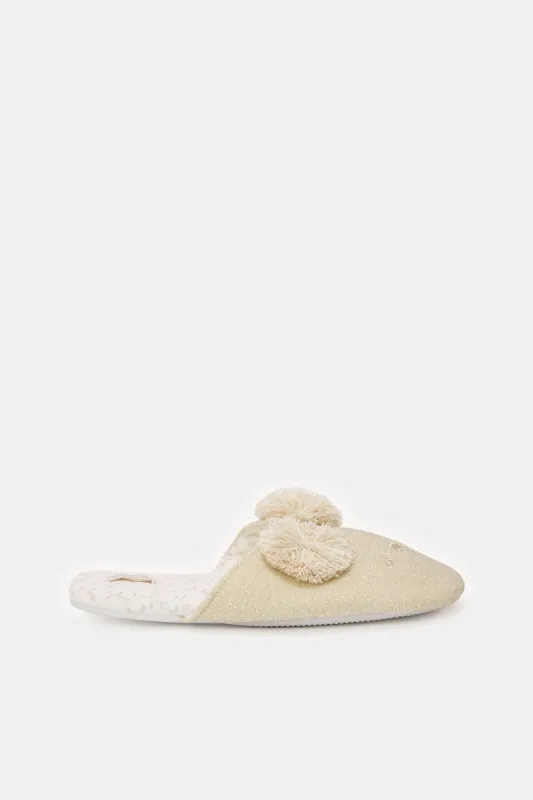 Women Beige Closed Toe Pom Pom Slippers sold by Redtag