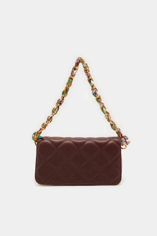 Women Burgundy Quilted Handbag With Scarf sold by Redtag