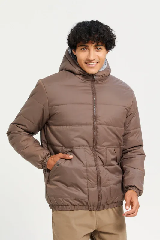 Men Brown Puffer Hooded Jacket sold by Redtag