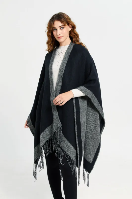 Women Black Jacquard Border Poncho sold by Redtag