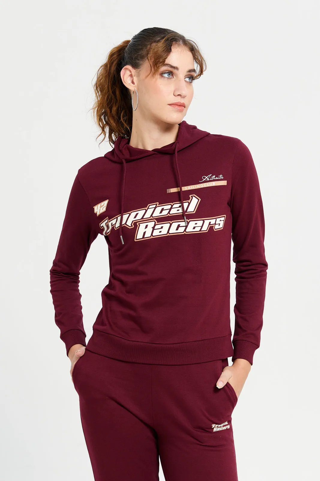 Women Burgundy Printed Active Sweatshirt sold by Redtag