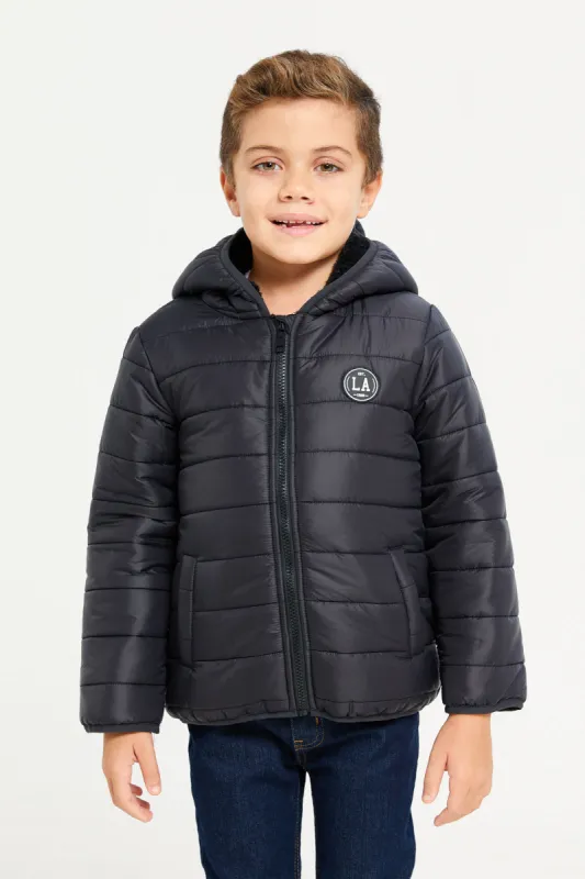 Boys Black Puffer Hooded Jacket sold by Redtag