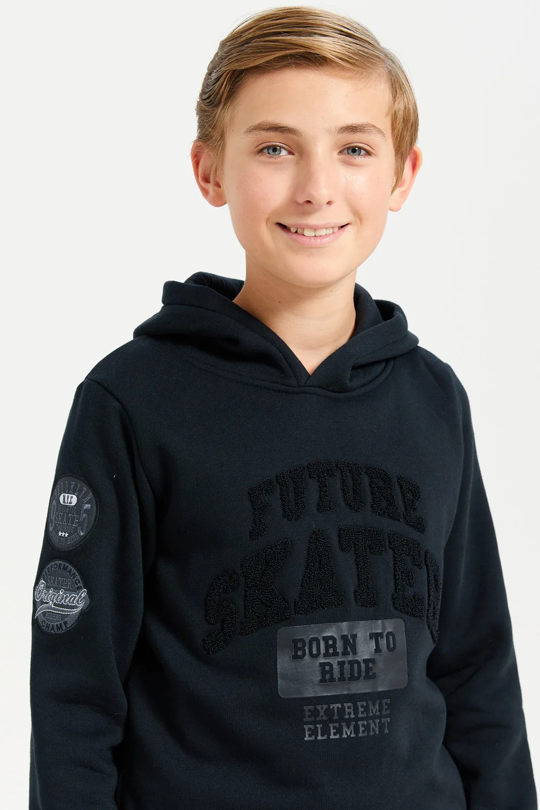 Senior Boys Black Towel Applique Hoody Sweatshirt sold by Redtag product image thumbnail 4
