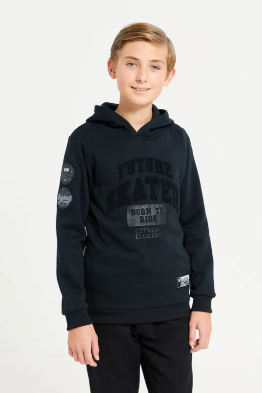 Senior Boys Black Towel Applique Hoody Sweatshirt sold by Redtag
