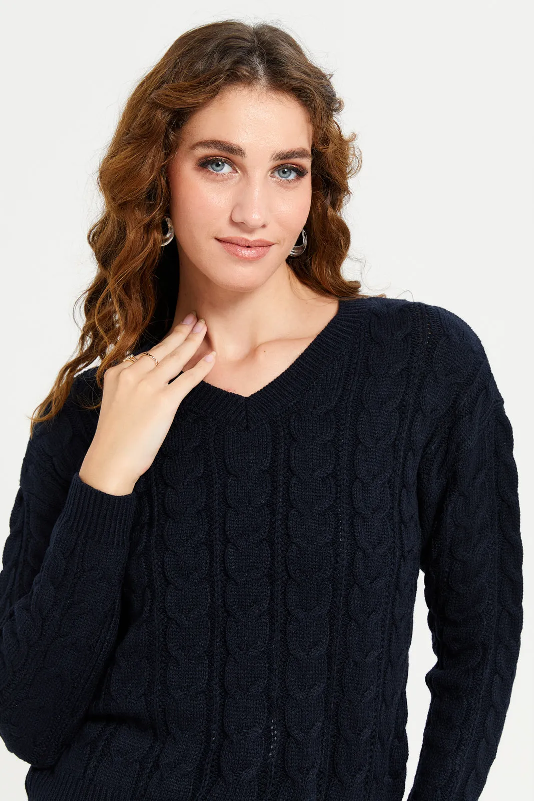 Women Navy Cable Knitted Crop Pullover sold by Redtag product image thumbnail 4