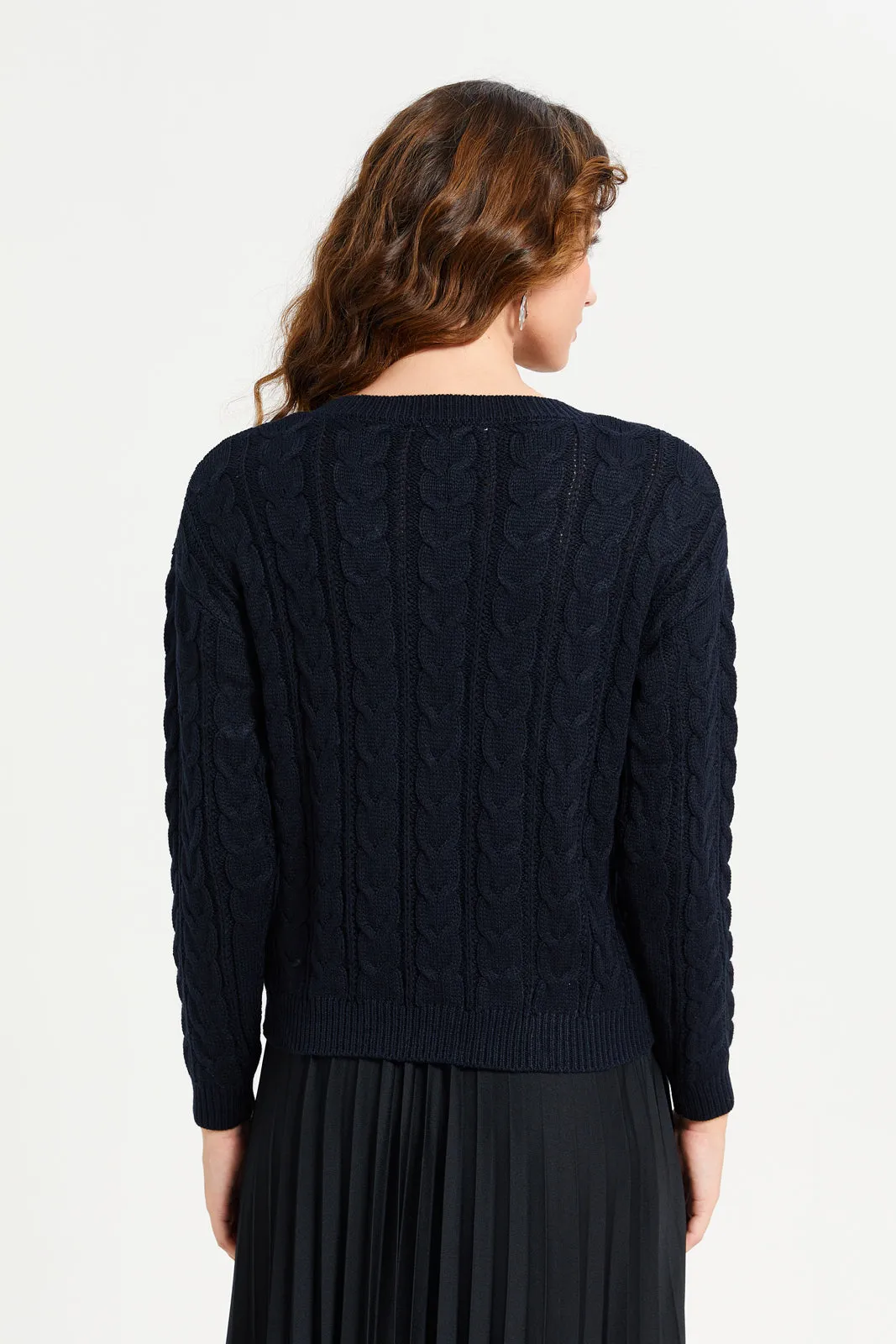 Women Navy Cable Knitted Crop Pullover sold by Redtag product image thumbnail 3