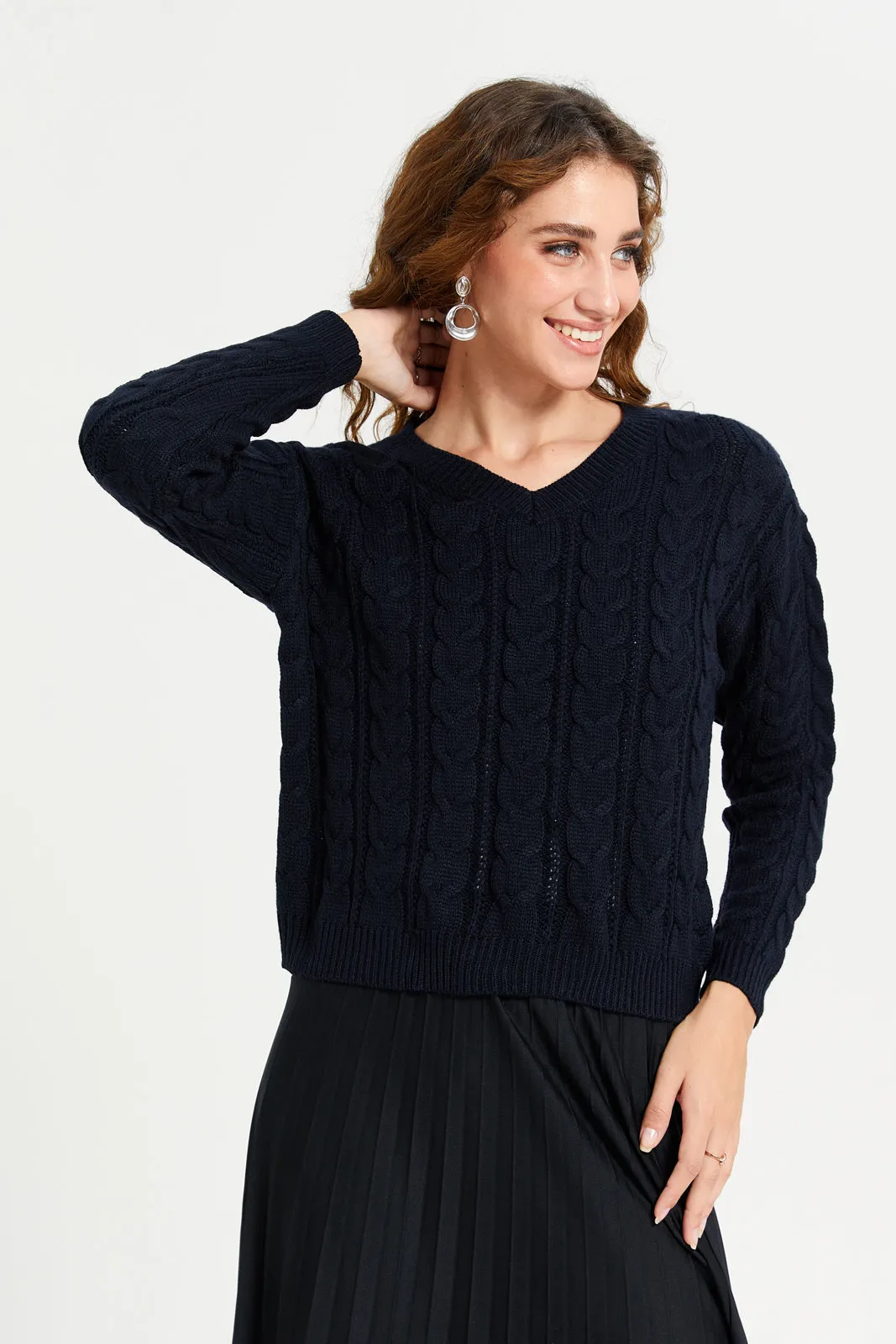 Women Navy Cable Knitted Crop Pullover sold by Redtag