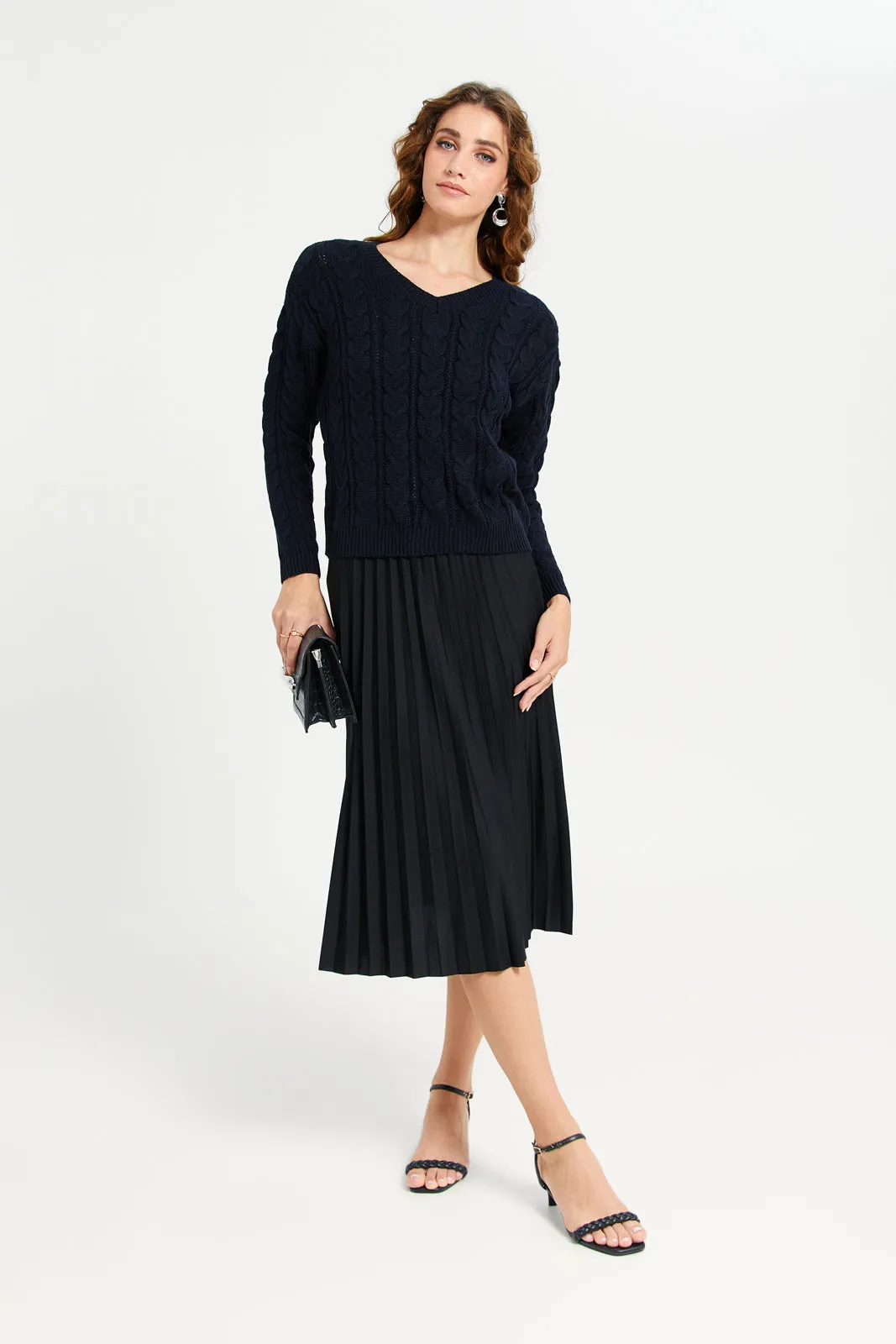 Women Navy Cable Knitted Crop Pullover sold by Redtag product image thumbnail 2