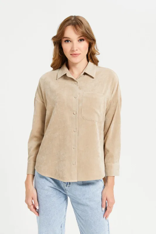 Women Beige Corduroy Button Down Shirt sold by Redtag