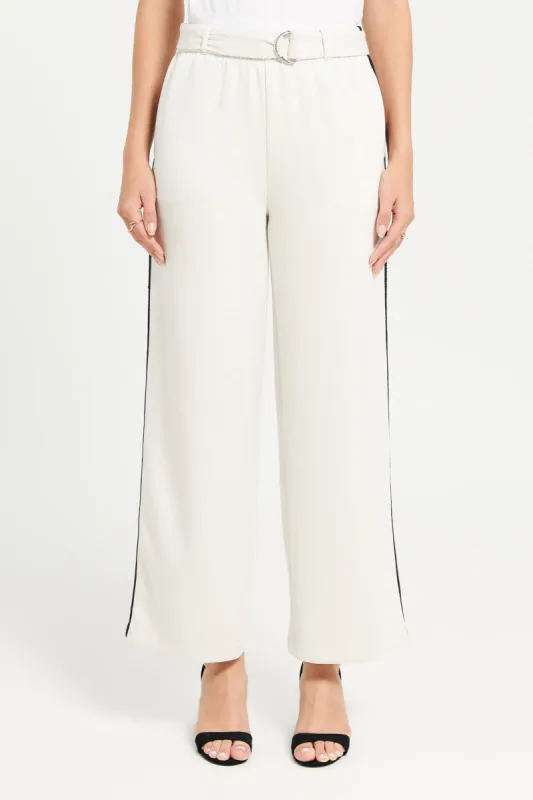 Women Cream Contrast Tape Wide Leg Trouser sold by Redtag