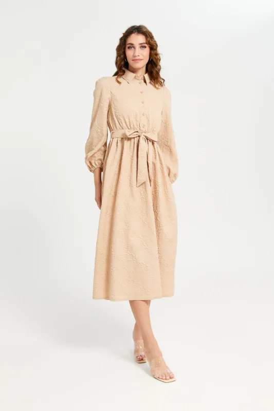Women Beige Jacquard Dress With Belt sold by Redtag