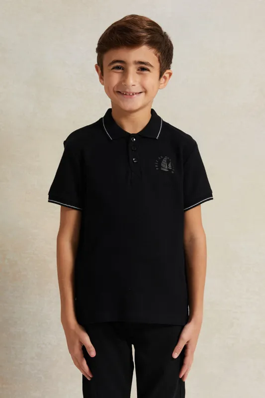 Boys Black Pique Polo Shirt sold by Redtag