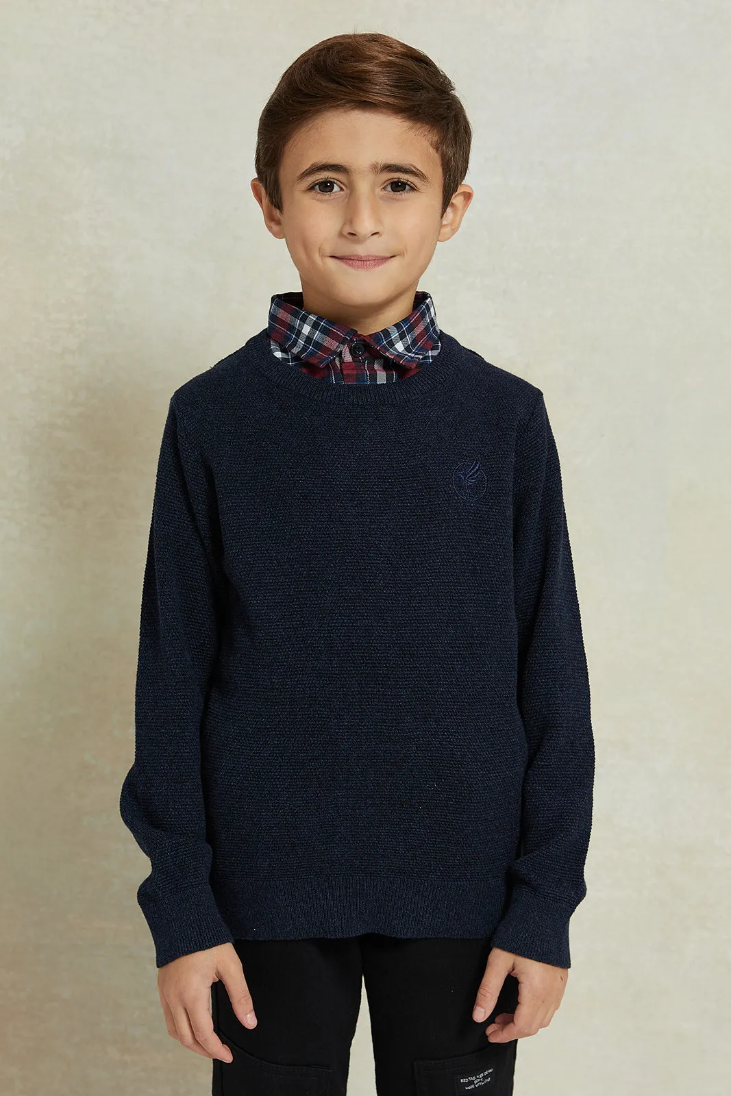 Boys Navy Knitted Pullover With Mock Collar sold by Redtag