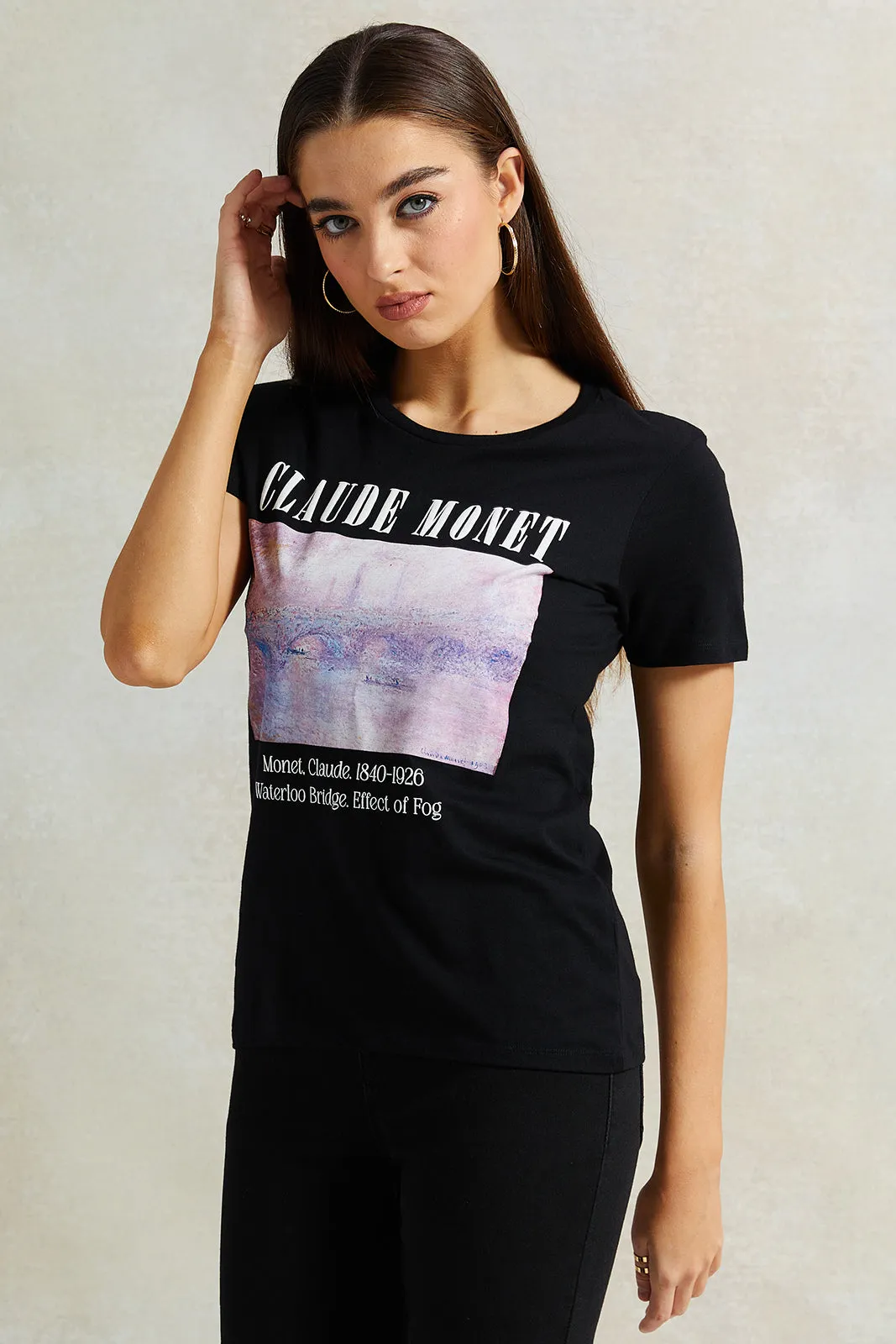 Women Black Claude Monet Printed T-Shirt sold by Redtag