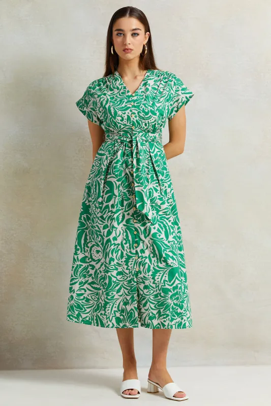 Women Green Printed Poplin Dress sold by Redtag