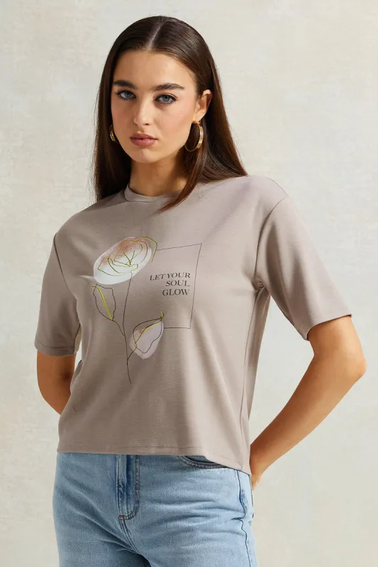 Women Beige Printed T-Shirt sold by Redtag