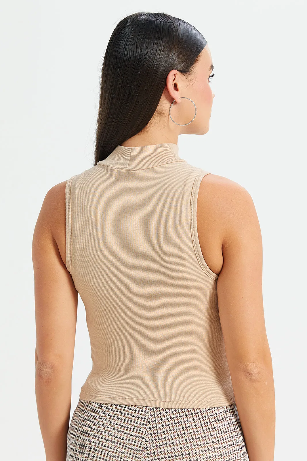 Women Beige High Neck Rib Top sold by Redtag product image thumbnail 3